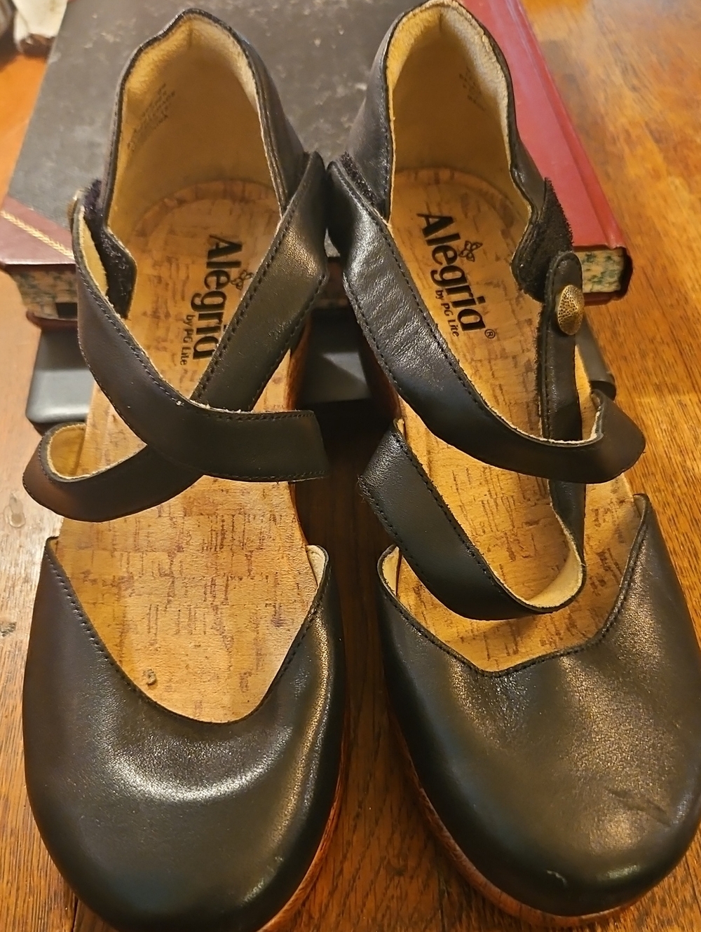 Alegria Black Leather Crisscross Wedge Sandals